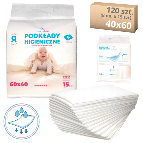 CZAS BOBASA - PODKŁAD JEDNORAZOWY 40x60 cm PODKŁADY HIGIENICZNE PRZEWIJAK 120 szt PRZYLEPCE