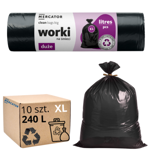 WORKI do segregacji ODPADÓW CZARNE XL 240 litrów GRUBE 10 sztuk MERCATOR 