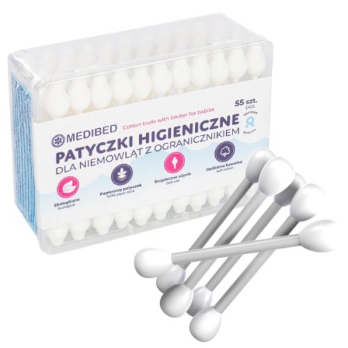 Patyczki HIGIENICZNE do USZU z OGRANICZNIKIEM dla NIEMOWLĄT i DZIECI 55 szt. - MEDIBED