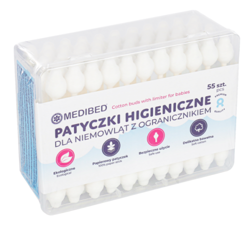 Patyczki HIGIENICZNE do USZU z OGRANICZNIKIEM dla NIEMOWLĄT i DZIECI 55 szt. - MEDIBED