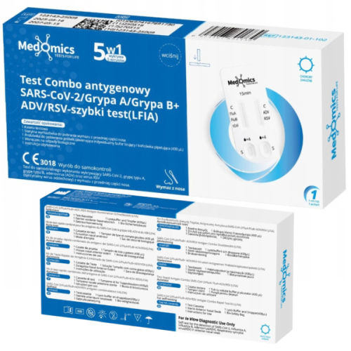 Test 5w1 diagnostyczny combo MEDOMICS COVID-19 grypa A + B RSV adenowirus