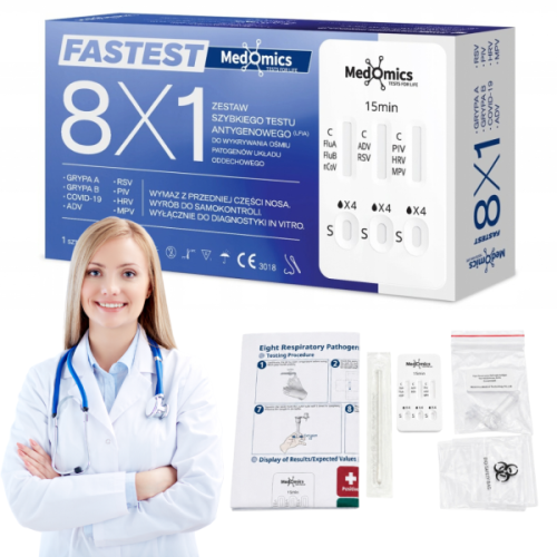 Test 8w1 diagnostyczny combo MEDOMICS COVID-19 grypa A + B RSV ADV RSV PIV HRV MPV